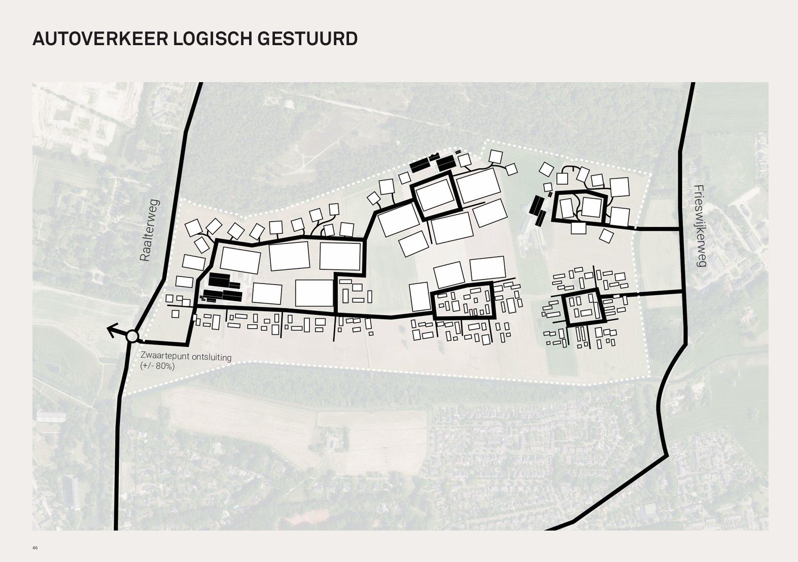 Op deze kaart is aangegeven dat het autoverkeer ontsluit op de Raalterweg en de Frieswijkerweg.
