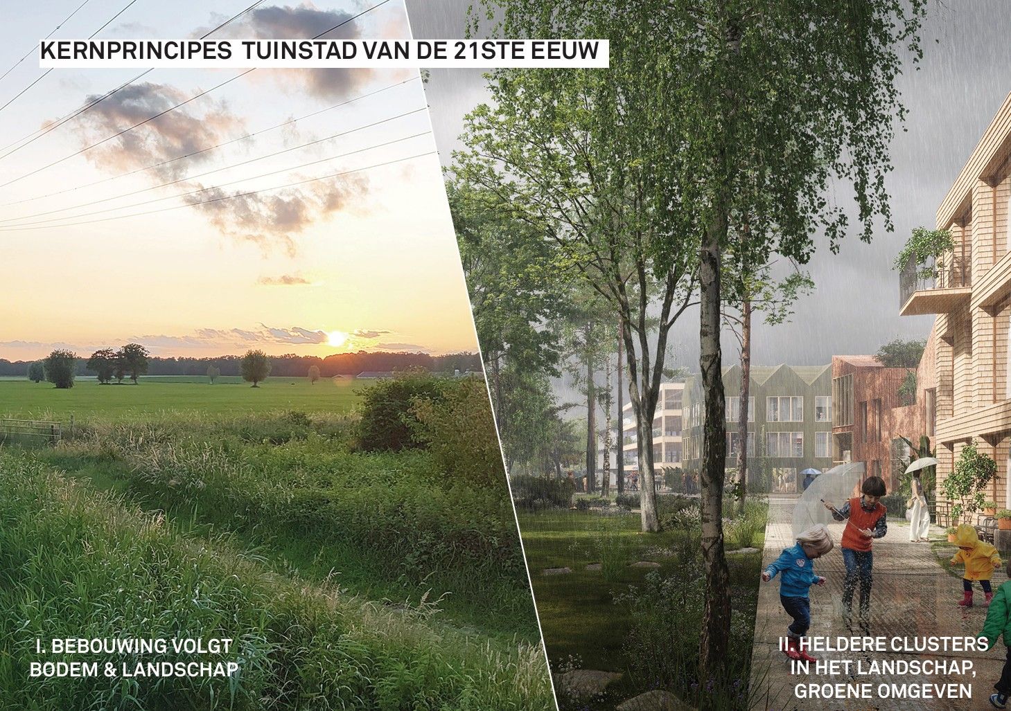 Op deze afbeeldingen is te zien welke sferen bij de tuinstad. Het zijn impressiebeelden van het landschap, de woningen, de openbare ruimte, de relatie tussen de binnen- en de buitenruimte etc.